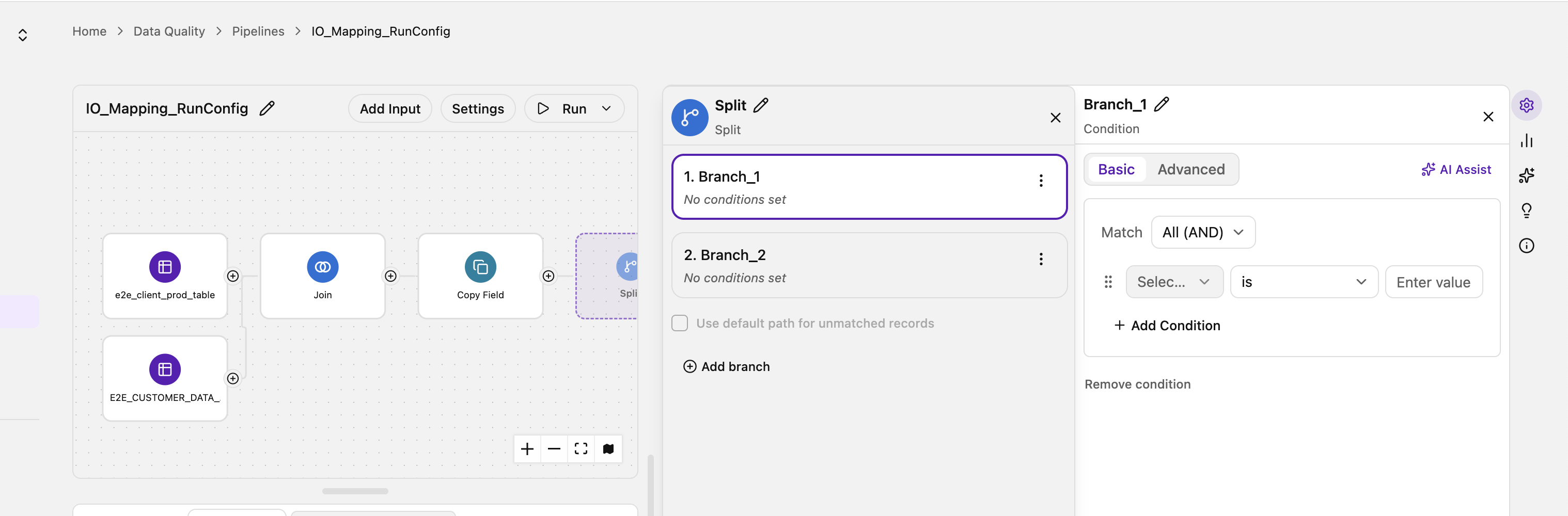 Branch_1 condition drawer with Match All (AND), a condition builder row, and Add Condition