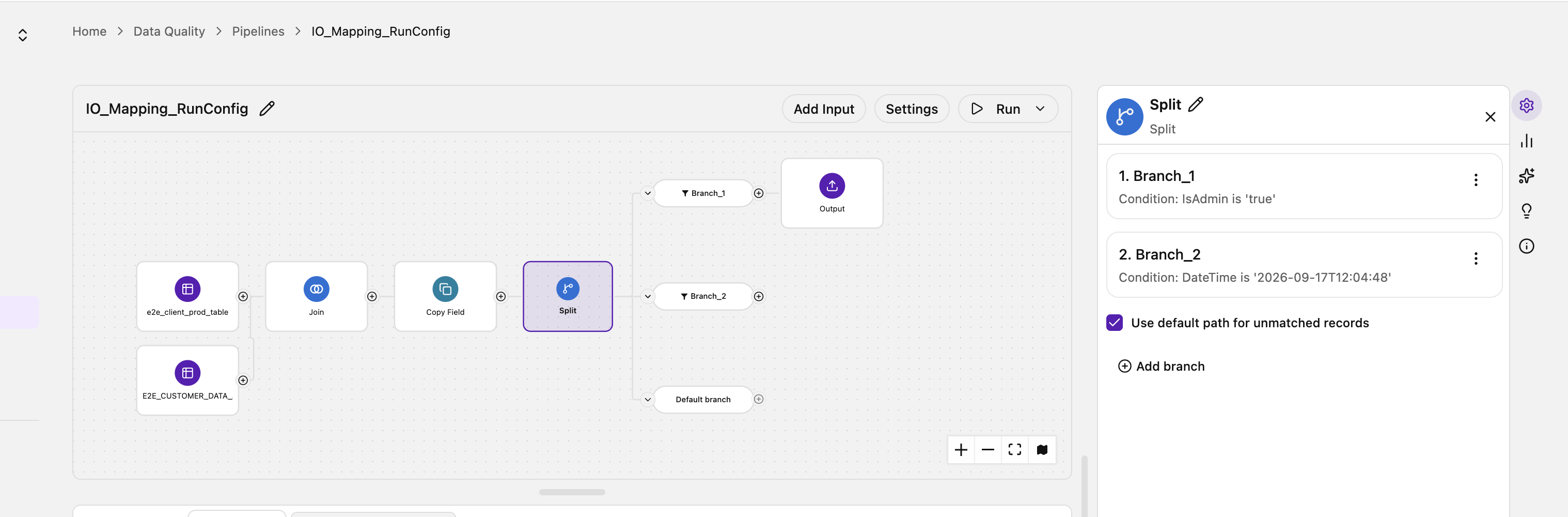 Split panel with Branch_1 and Branch_2 both carrying conditions, the default checkbox checked, and a Default branch node added to the canvas