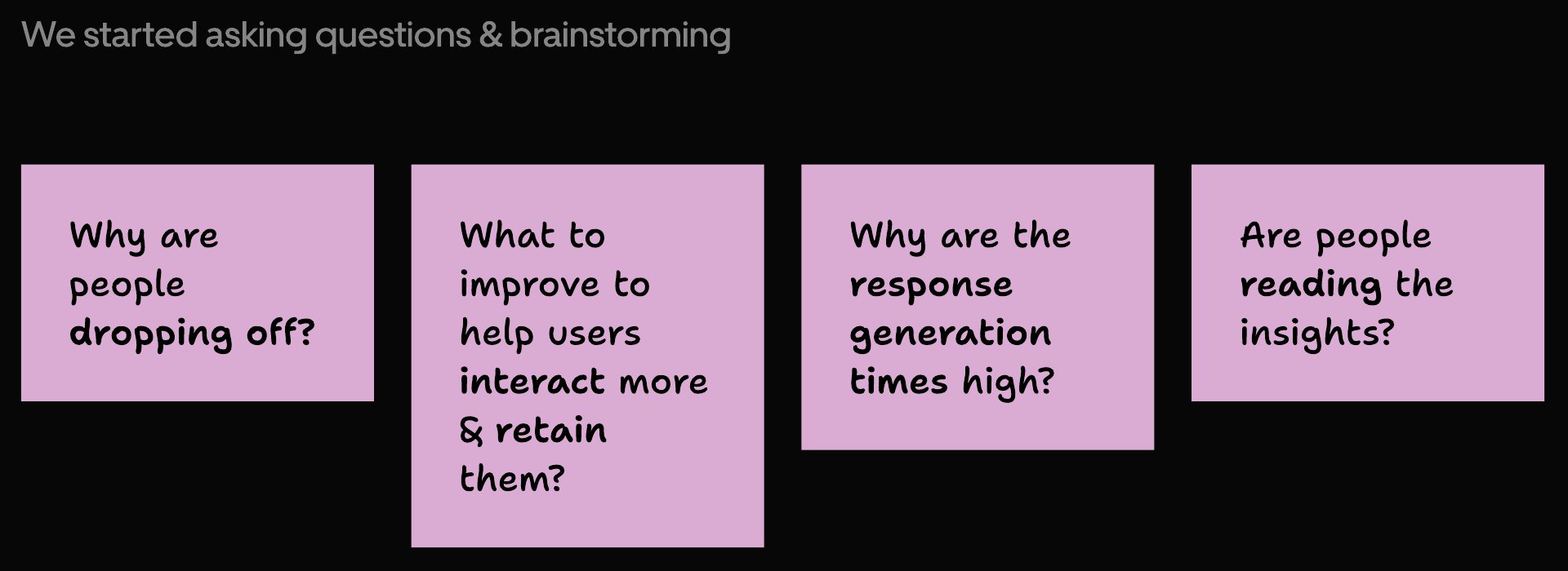 Four sticky notes: why are people dropping off, what to improve to help users interact more and retain, why response times are high, are people reading the insights.