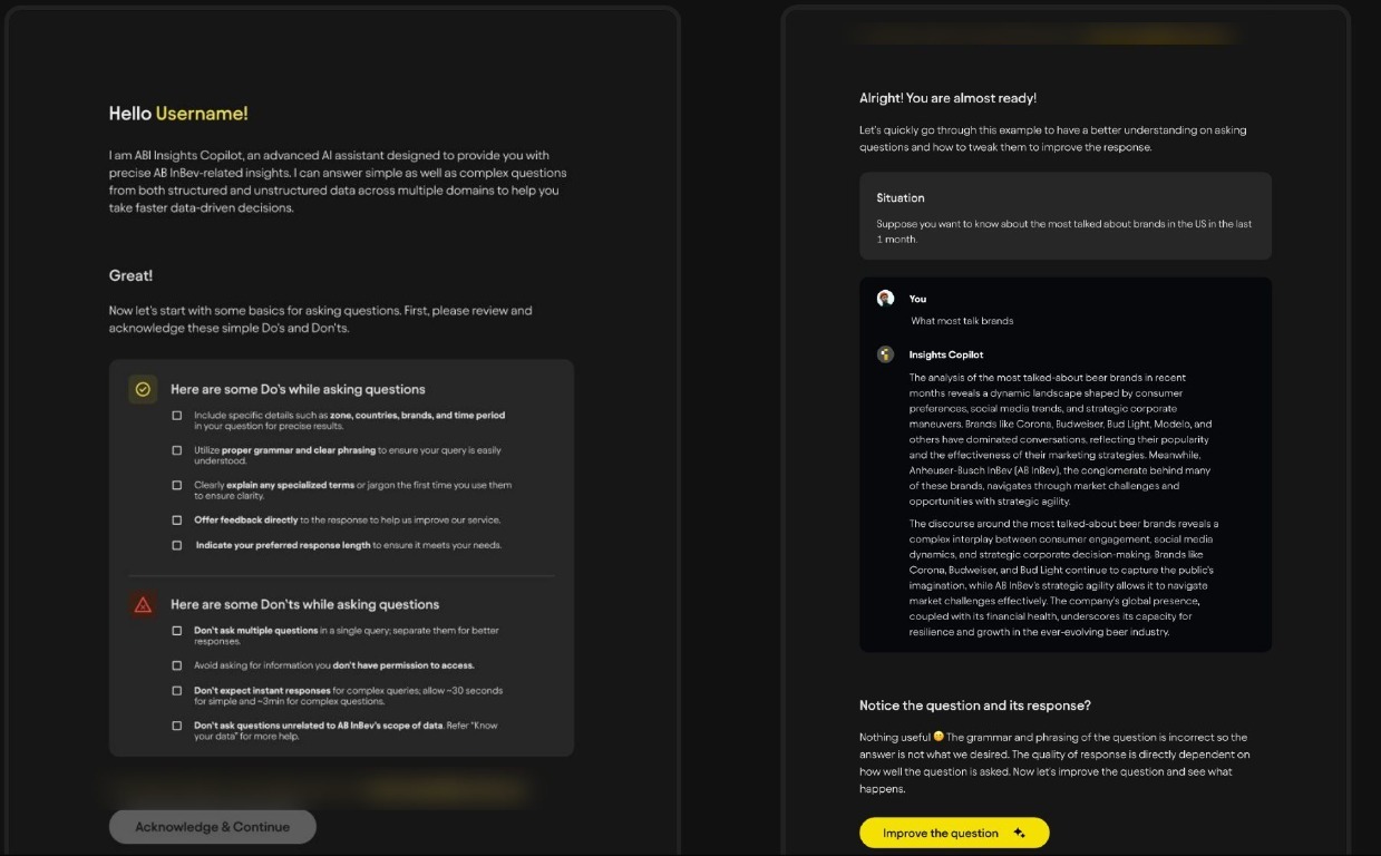 Early onboarding screens with checkbox-heavy Do's and Don'ts and an example question.