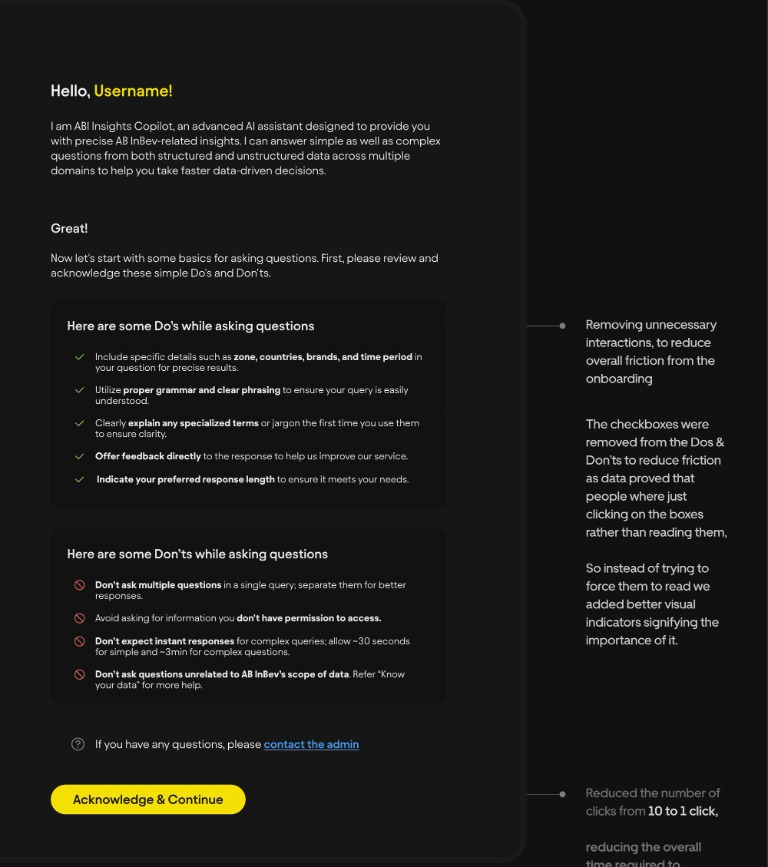 Redesigned onboarding screen with Do's and Don'ts without checkboxes and a single Acknowledge and Continue button, with annotations about removed interactions.