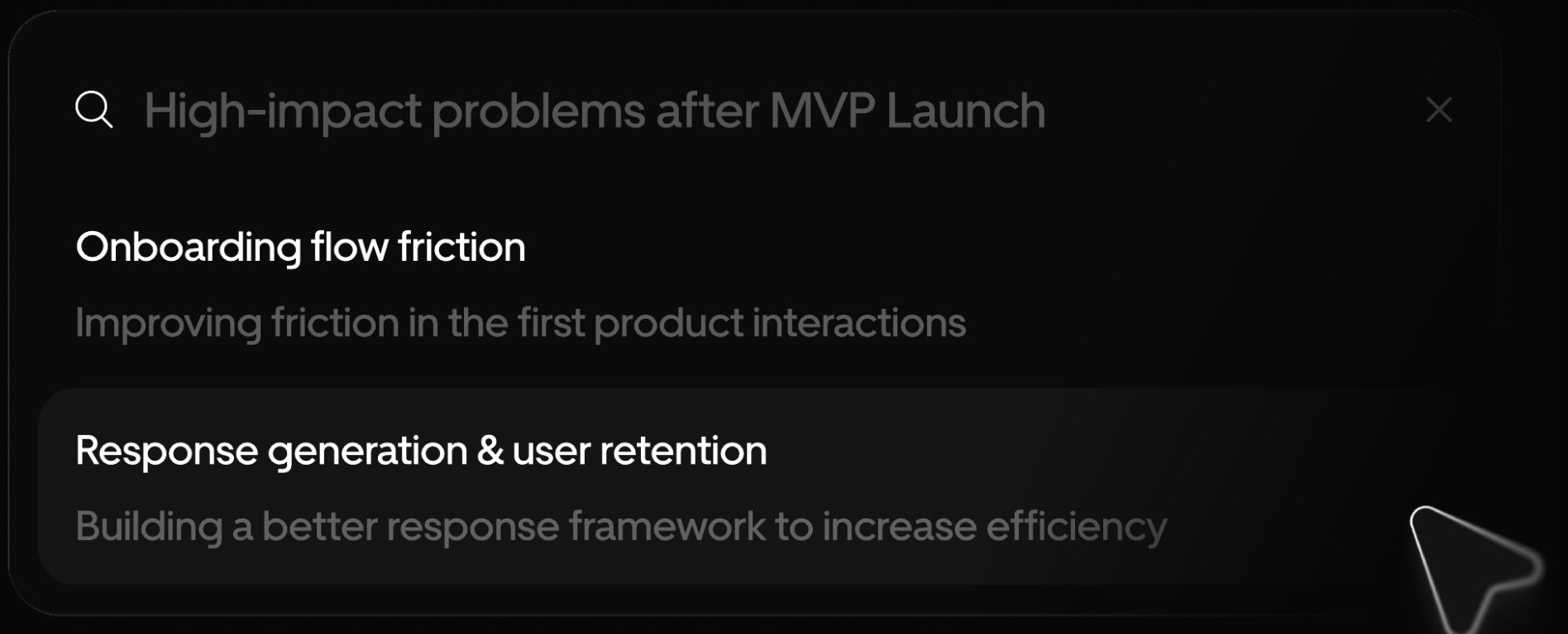 Search-style card titled High-impact problems after MVP launch listing the two priorities.