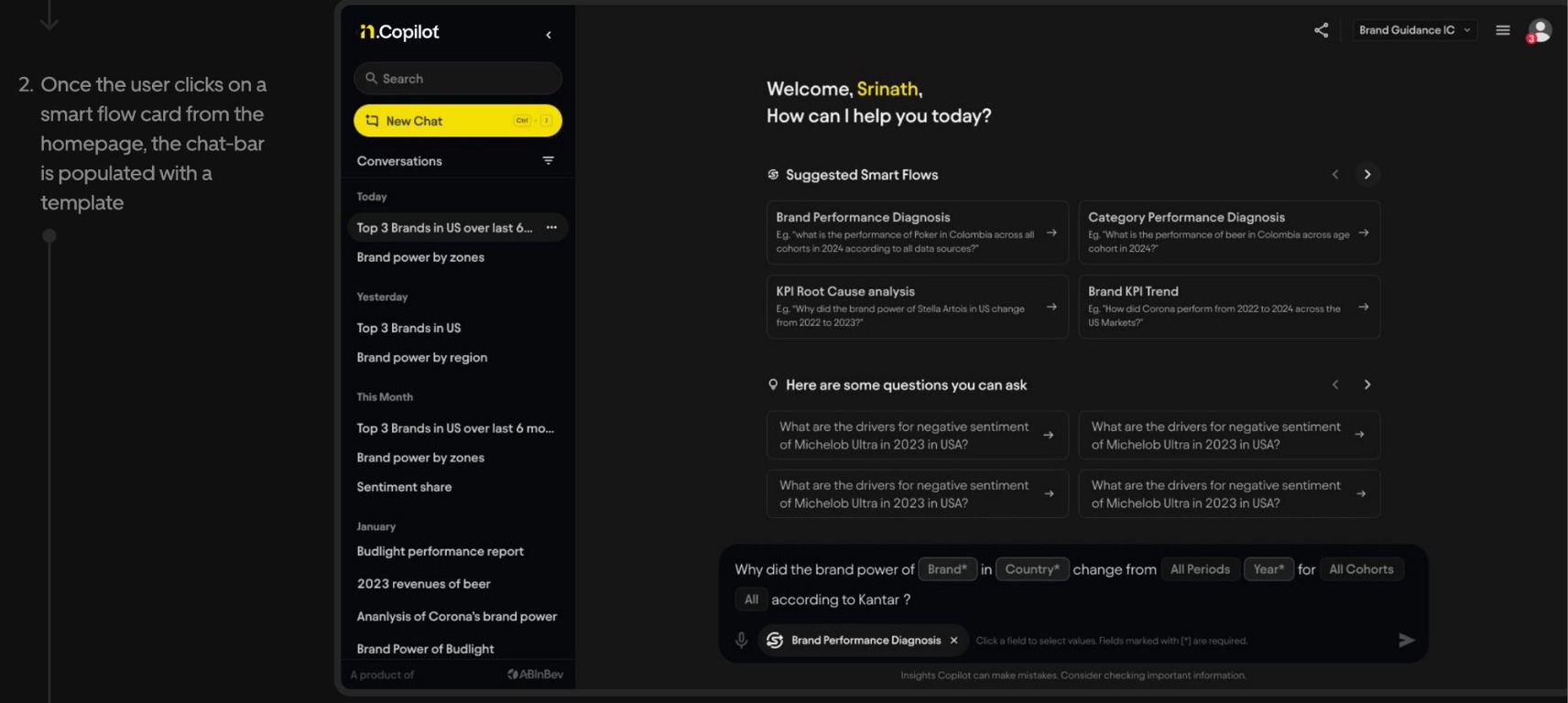 Selecting a Smart Flow card fills the chat bar with a template.