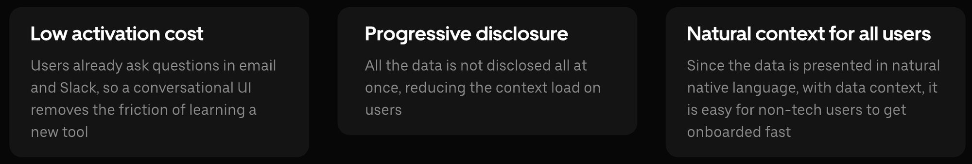 Three cards: low activation cost, progressive disclosure, natural context for all users.