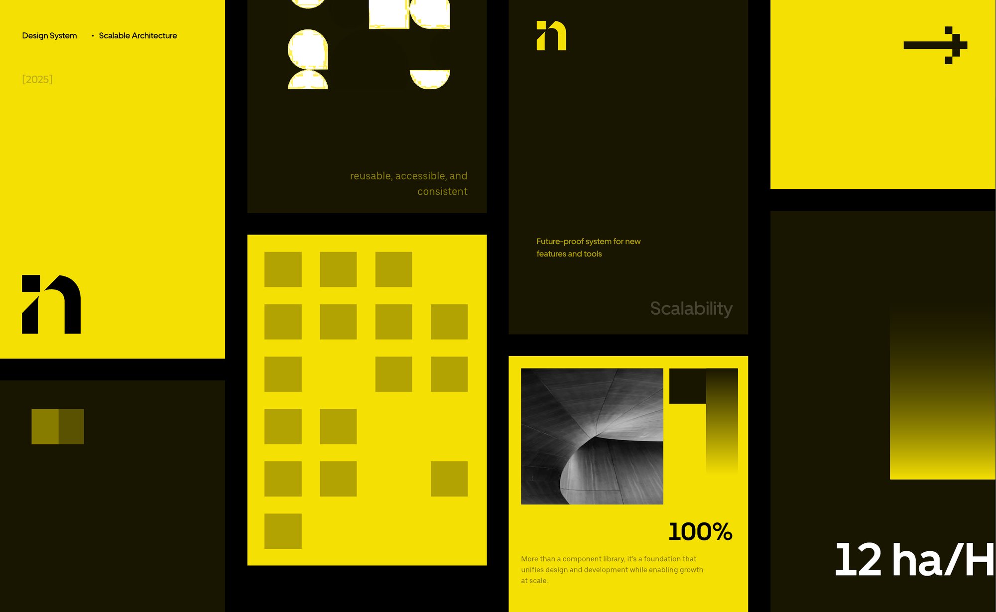 Collage of Insights CoPilot brand tiles in black and yellow, including the CoPilot mark, a dot grid, and the headline numbers 100 percent and 12 ha/H.