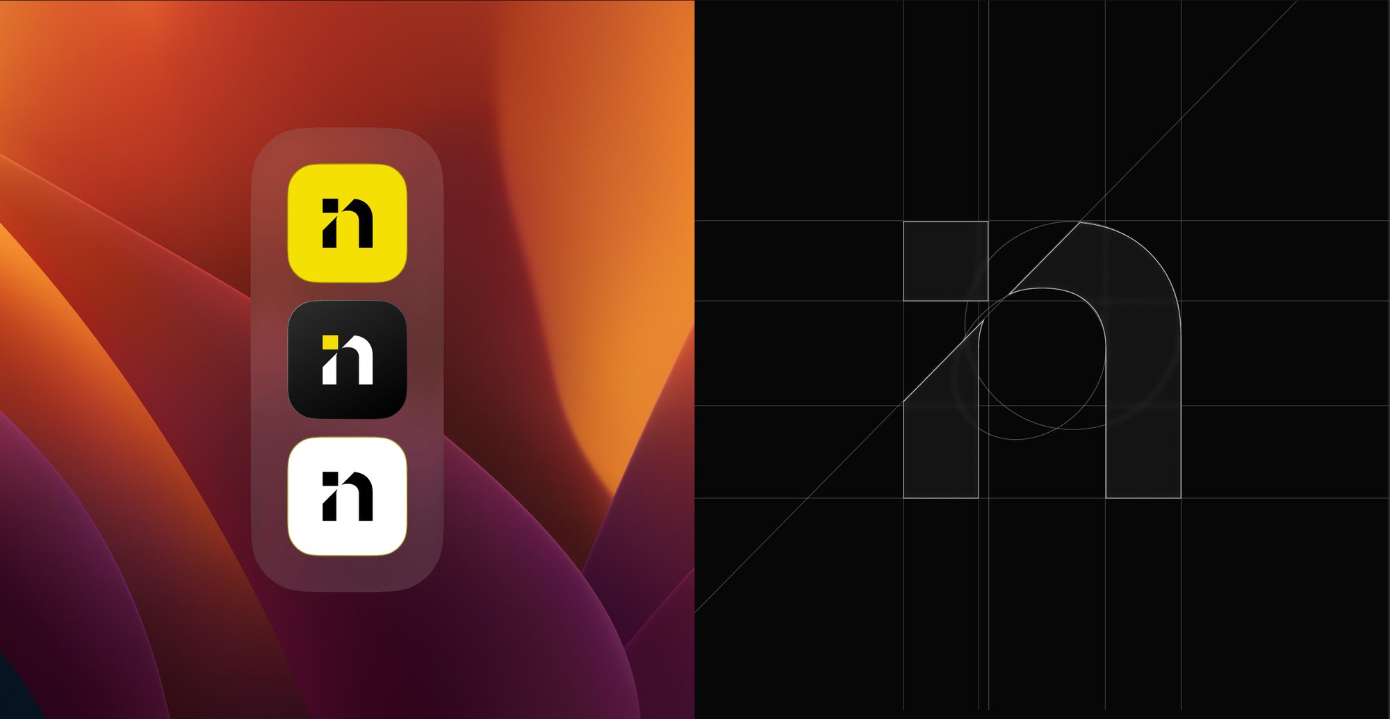The CoPilot mark in yellow, black, and white app icon variants beside a construction grid of the mark.