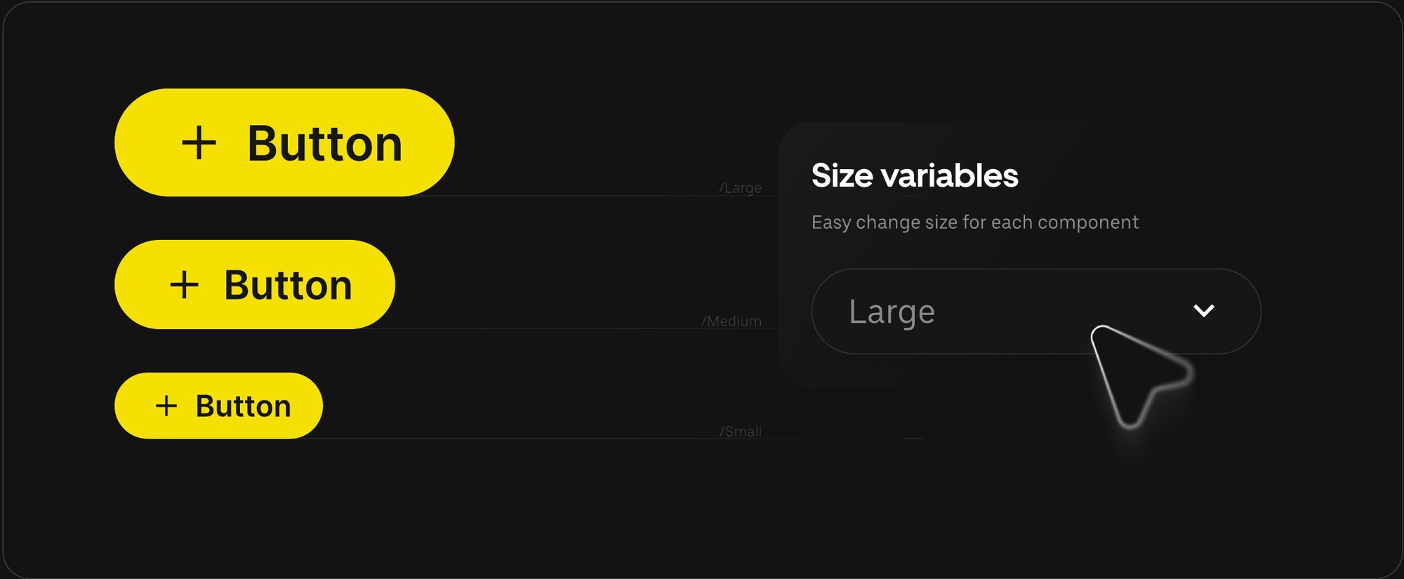 Three yellow buttons in Large, Medium and Small sizes beside a Size variables control set to Large.