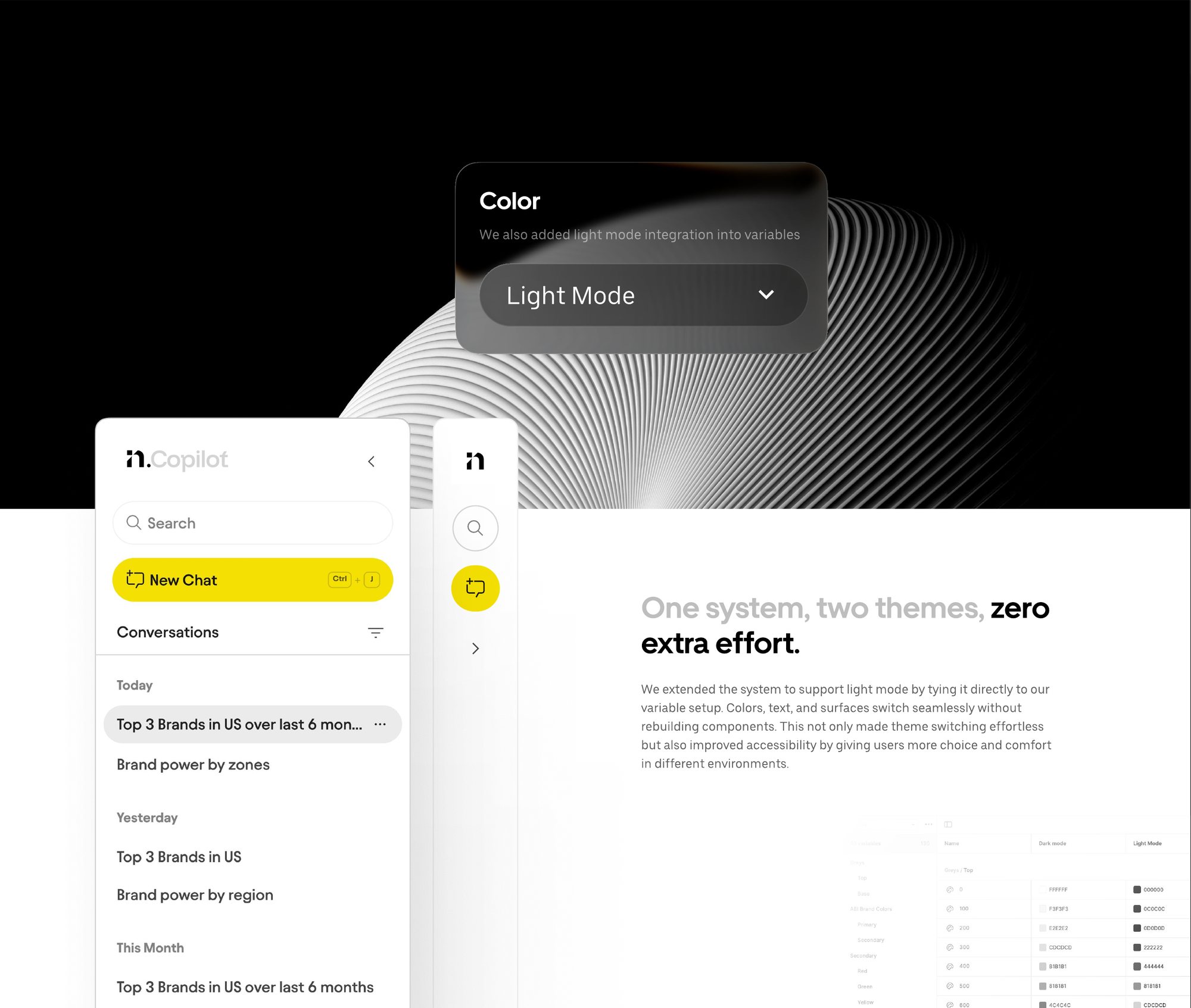 A Color variable mode picker set to Light Mode over a dark graphic, with the CoPilot sidebar shown in light mode, expanded and collapsed.