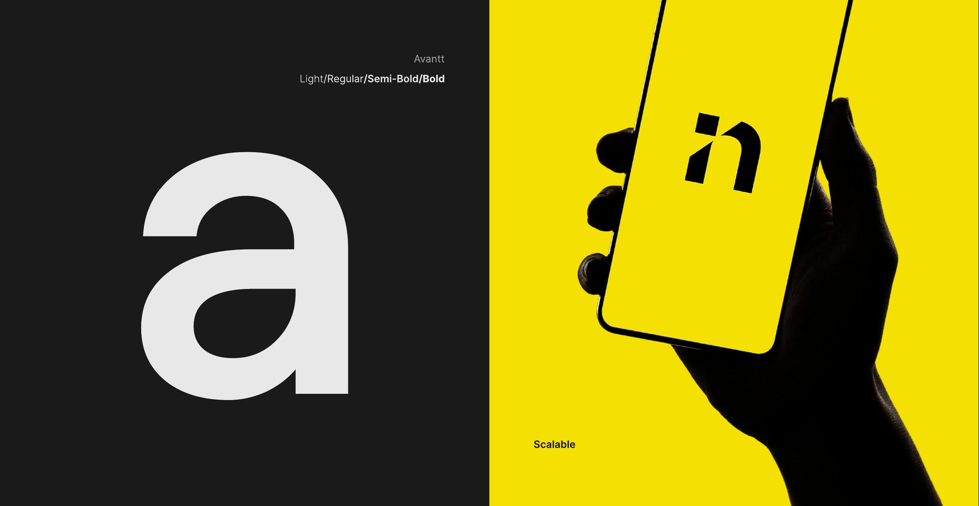 Left: the lowercase letter a in Avantt, the system typeface, in weights Light, Regular, Semi-Bold and Bold. Right: a hand holding a phone showing the CoPilot mark on yellow.