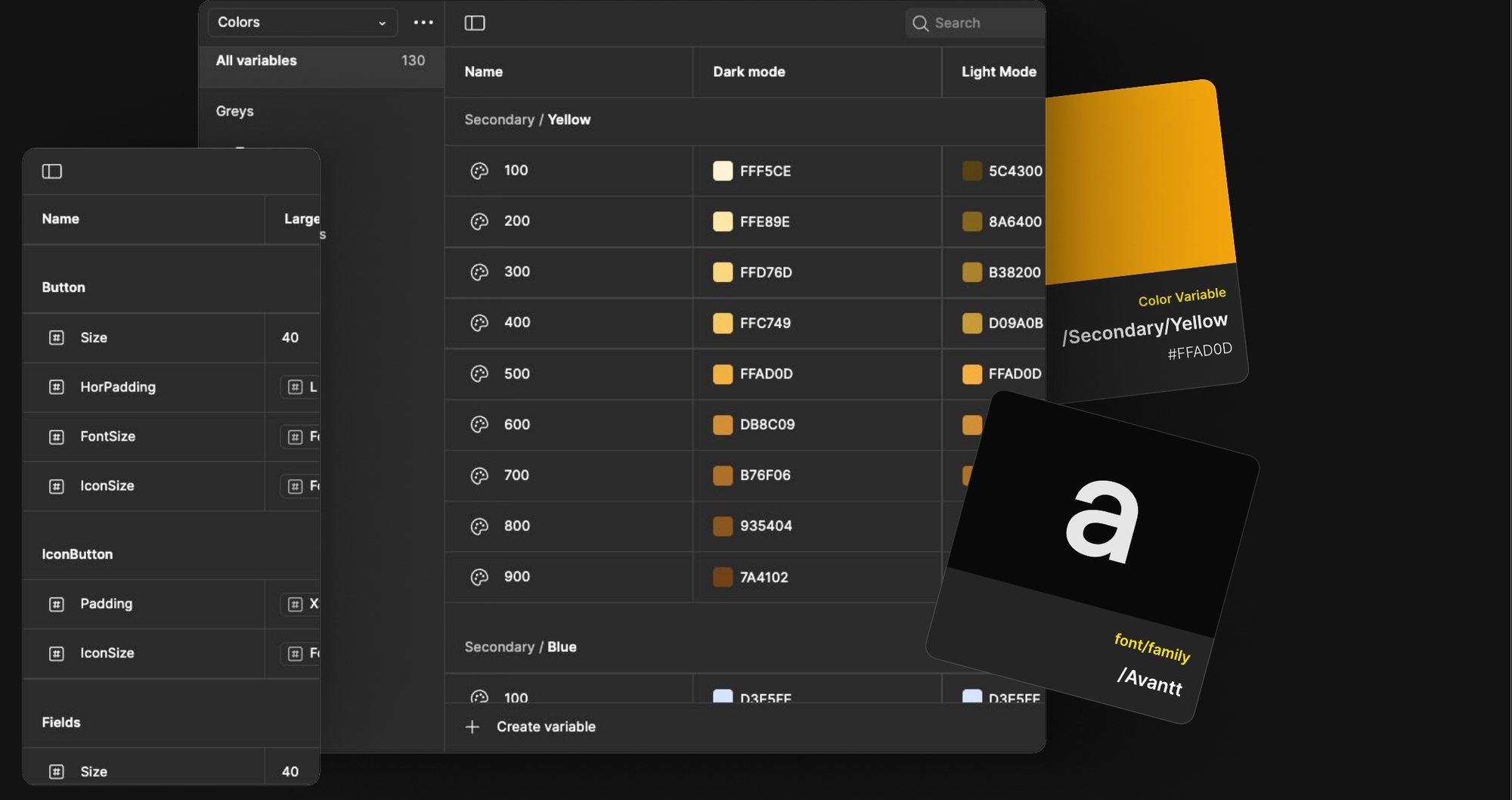 Variables panels listing component size properties for buttons, icon buttons and fields, beside a color table with dark and light mode values for the secondary yellow scale from 100 to 900.
