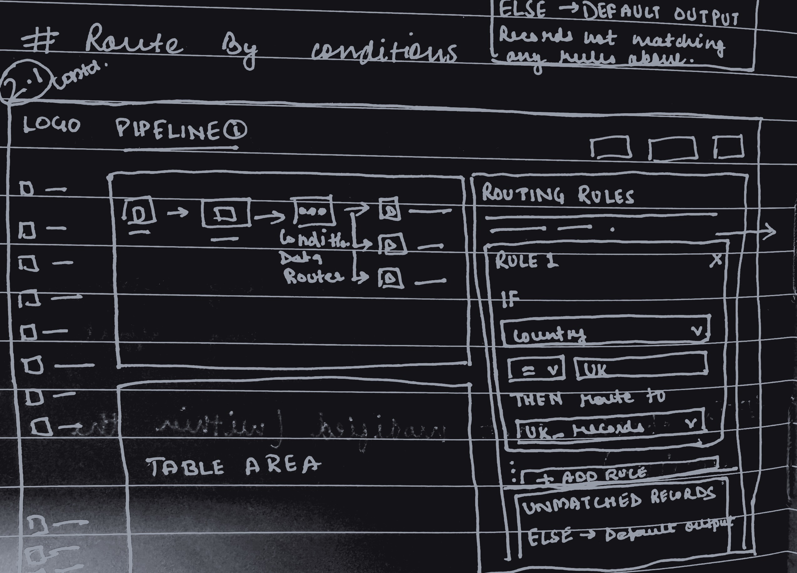 Sketch: refined Routing Rules panel with Rule 1, IF Country = UK, THEN route to UK_records