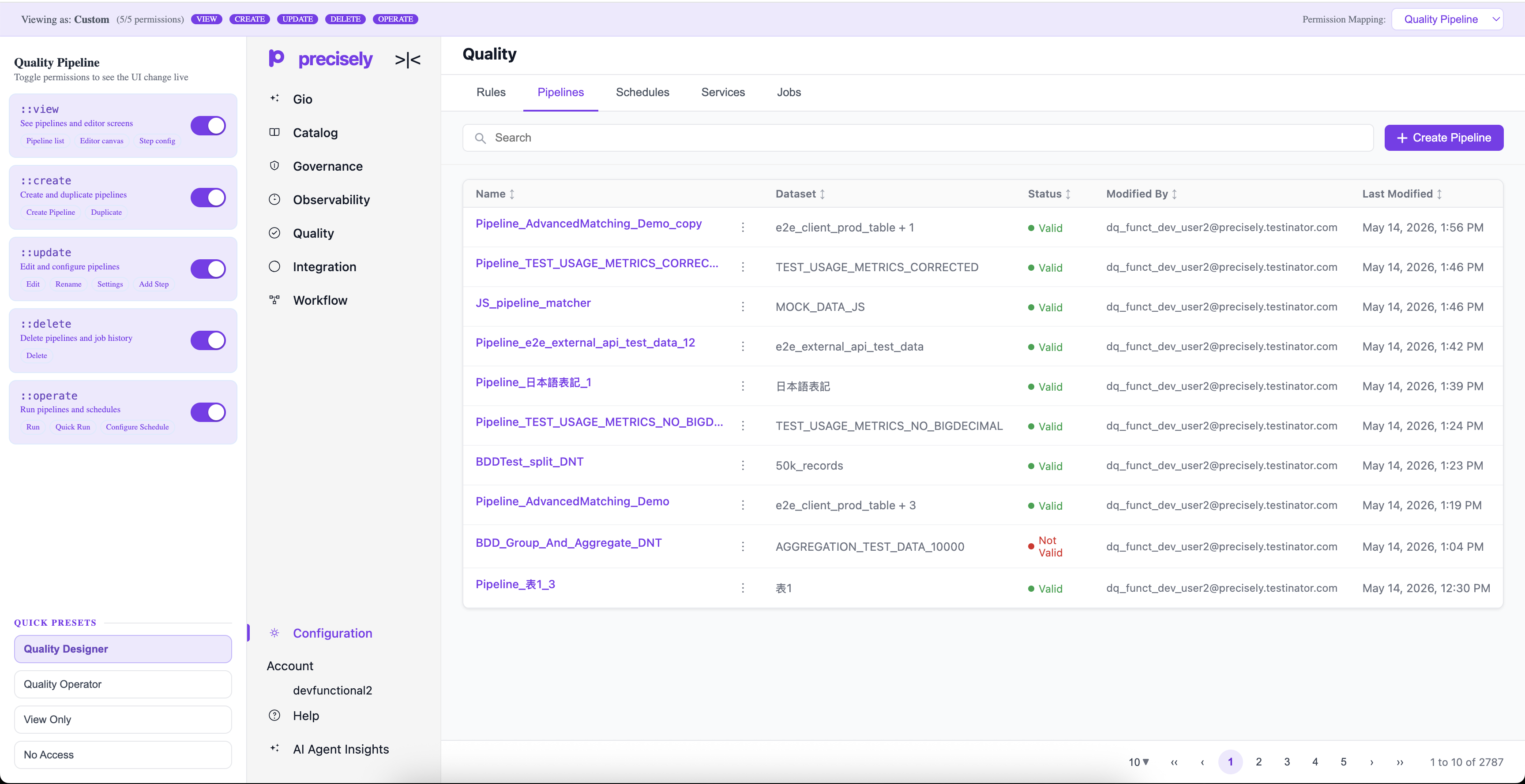 Working RBAC prototype showing Quality Pipeline permission toggles and their live effect on the pipelines list